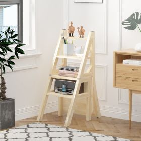 Solid Wood Step Folding Ladder Chair,Multifunction Wood Folding Stool for Home Kitchen Library Ladder Chair,Wood Finish - as Pic