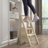 Solid Wood Step Folding Ladder Chair,Multifunction Wood Folding Stool for Home Kitchen Library Ladder Chair,Wood Finish - as Pic