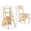 Solid Wood Step Folding Ladder Chair,Multifunction Wood Folding Stool for Home Kitchen Library Ladder Chair,Wood Finish - as Pic